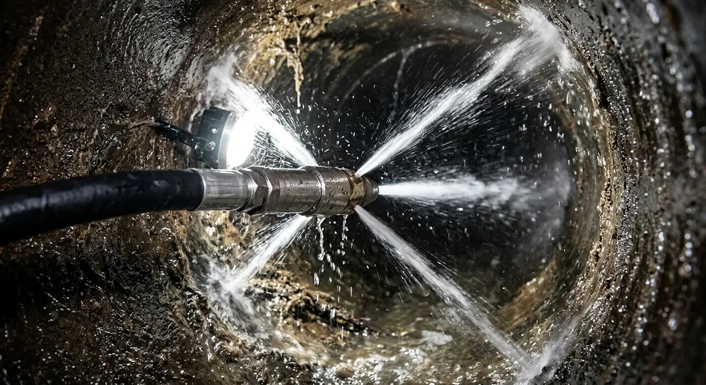 High-pressure hydro jetting nozzle cleaning sewer pipe for Sewer Cleanout in Sitka