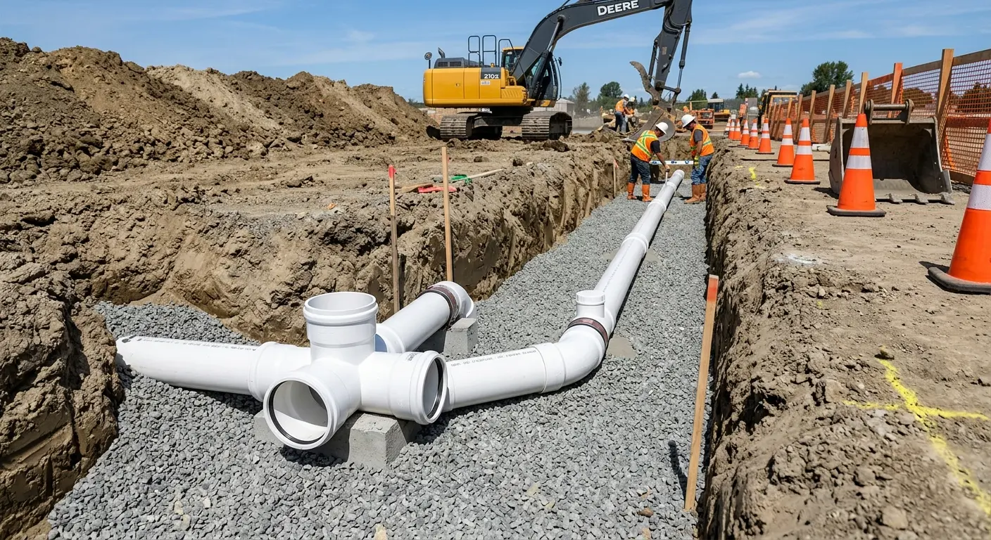 New PVC sewer pipe installation in open trench for Grease Trap Cleaning in Sitka