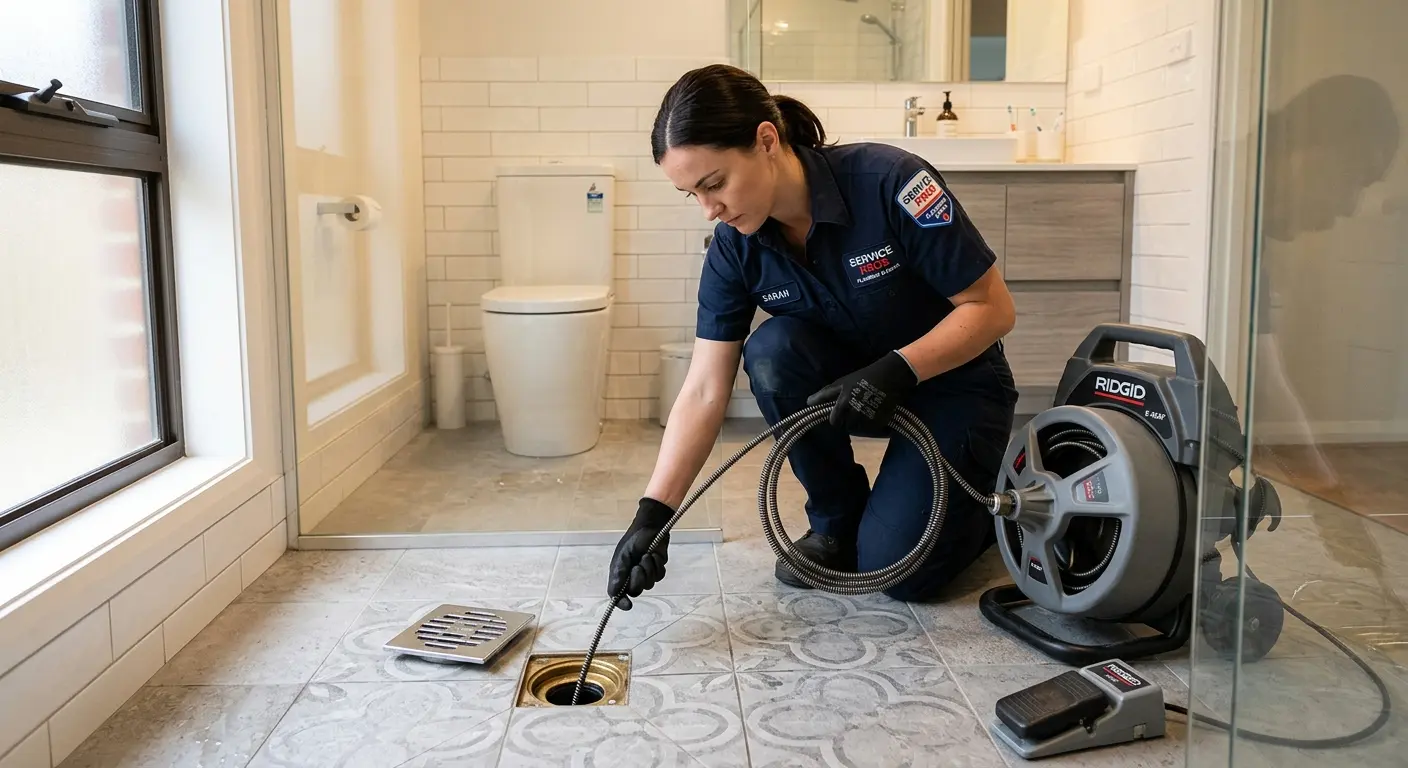 Technician clearing a bathroom floor drain for Sewer Line Replacement in Sitka